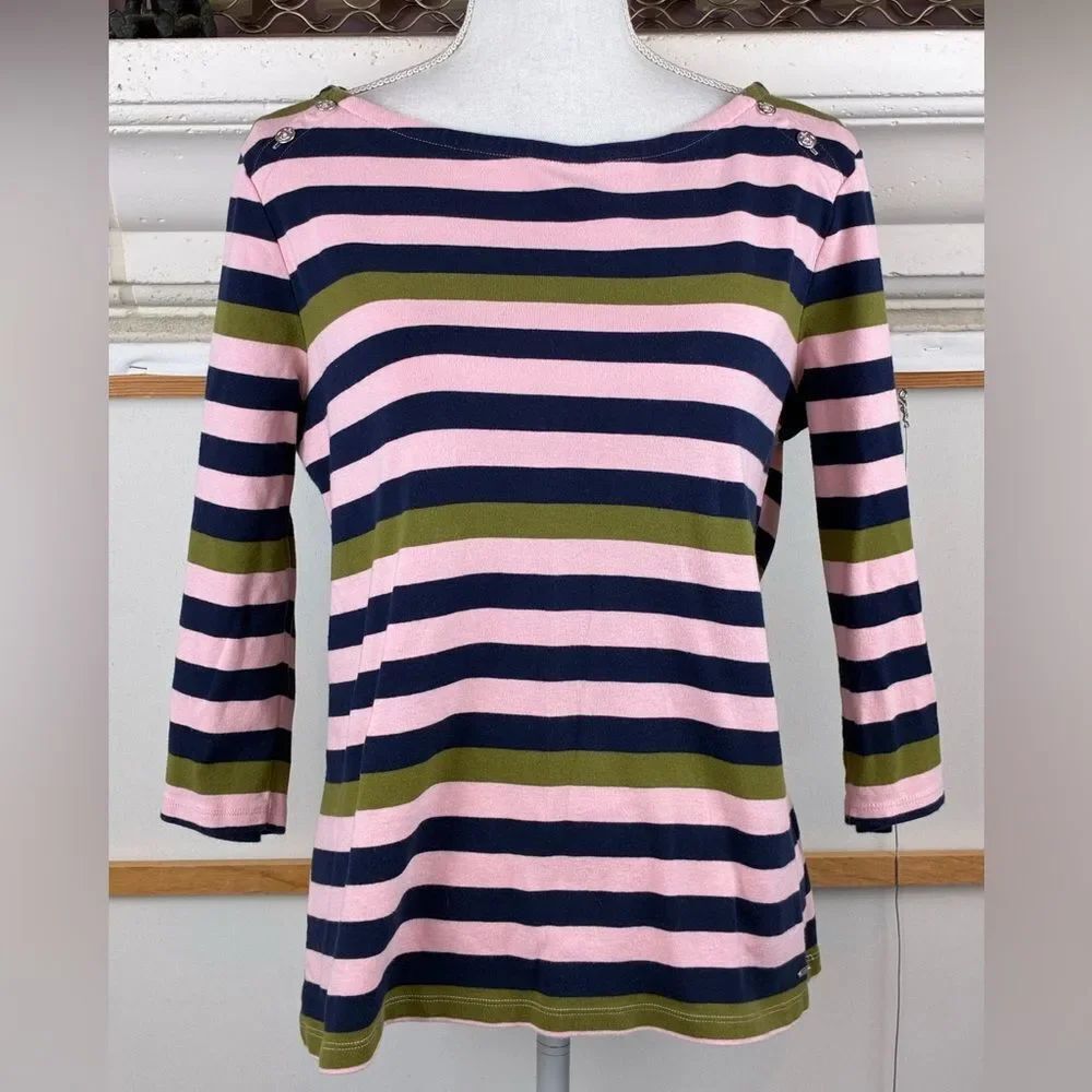 Tommy Hilfiger Striped Boatneck Three-Quarter Sleeve Top in Pink, Navy & Olive
